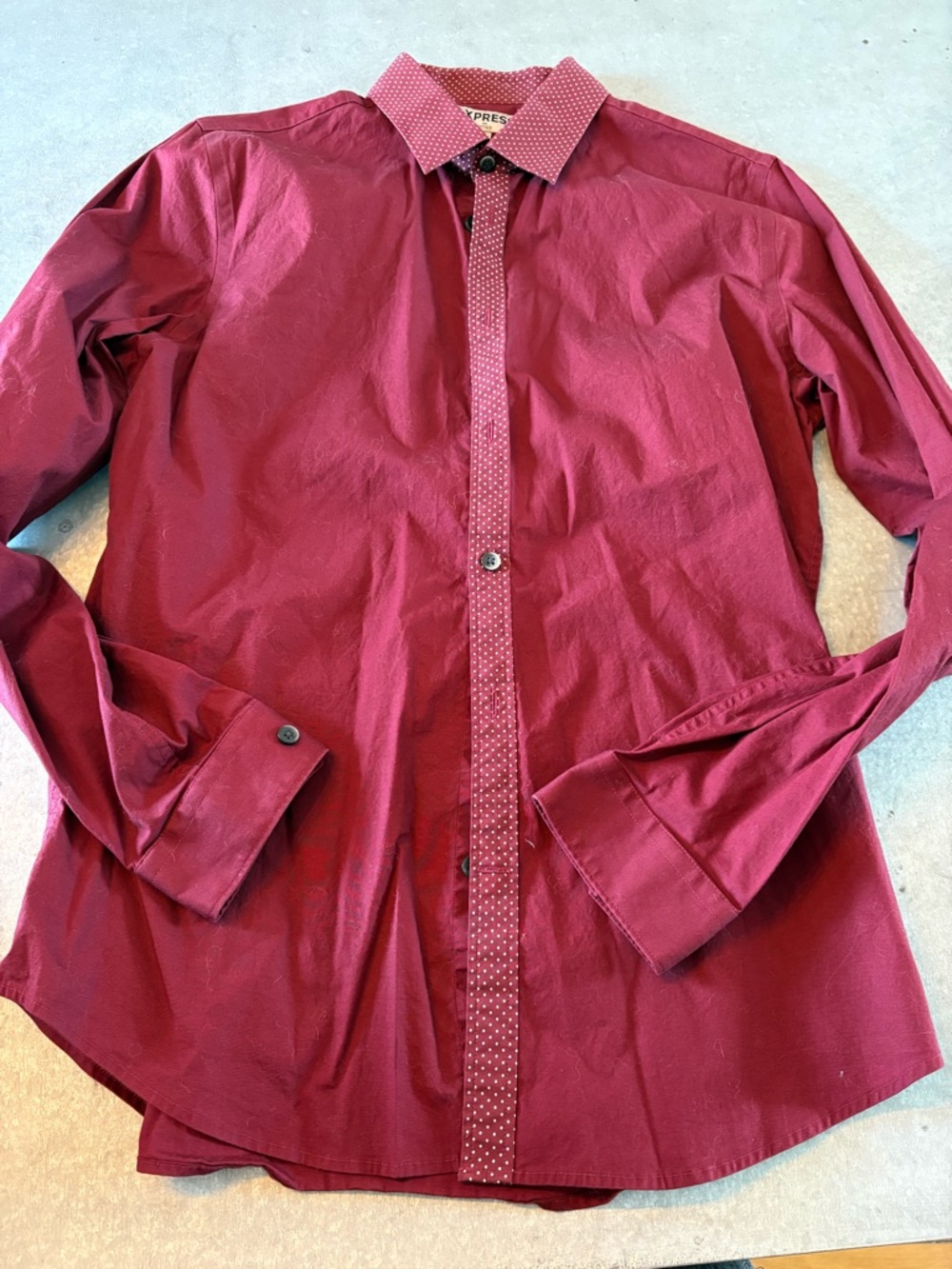 Express Maroon Shirt with White Polka Dot Trim